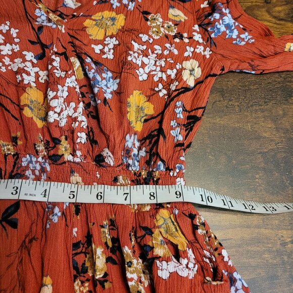 band of gypsies Floral Romper XS Tie Bell Sleeve Pockets Rust Brown Feminine - Picture 7 of 8